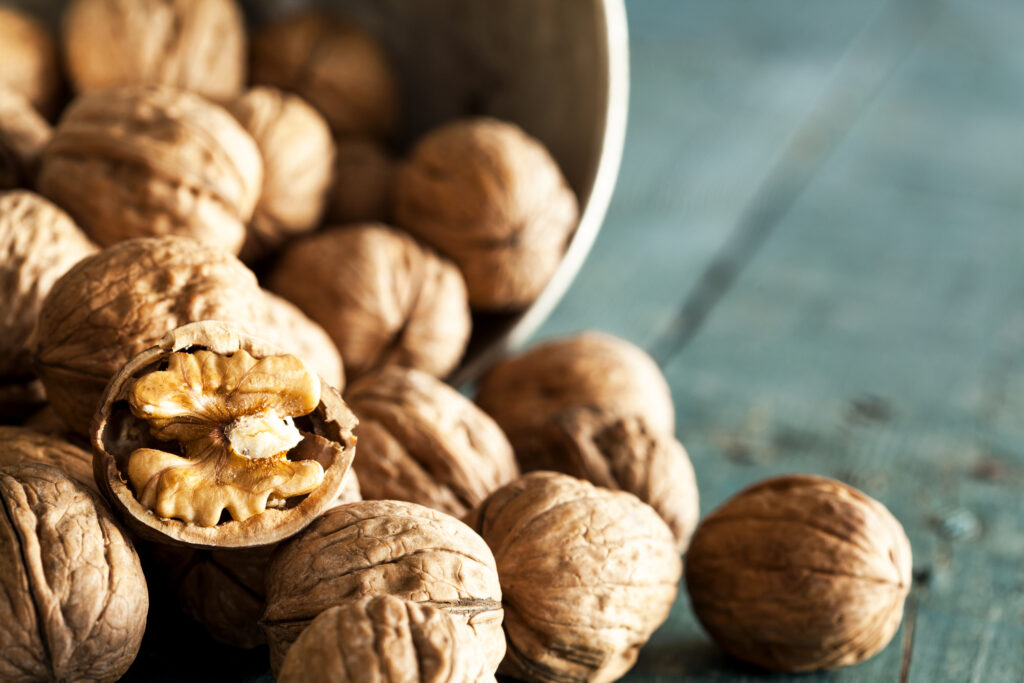 Walnuts on wooden table